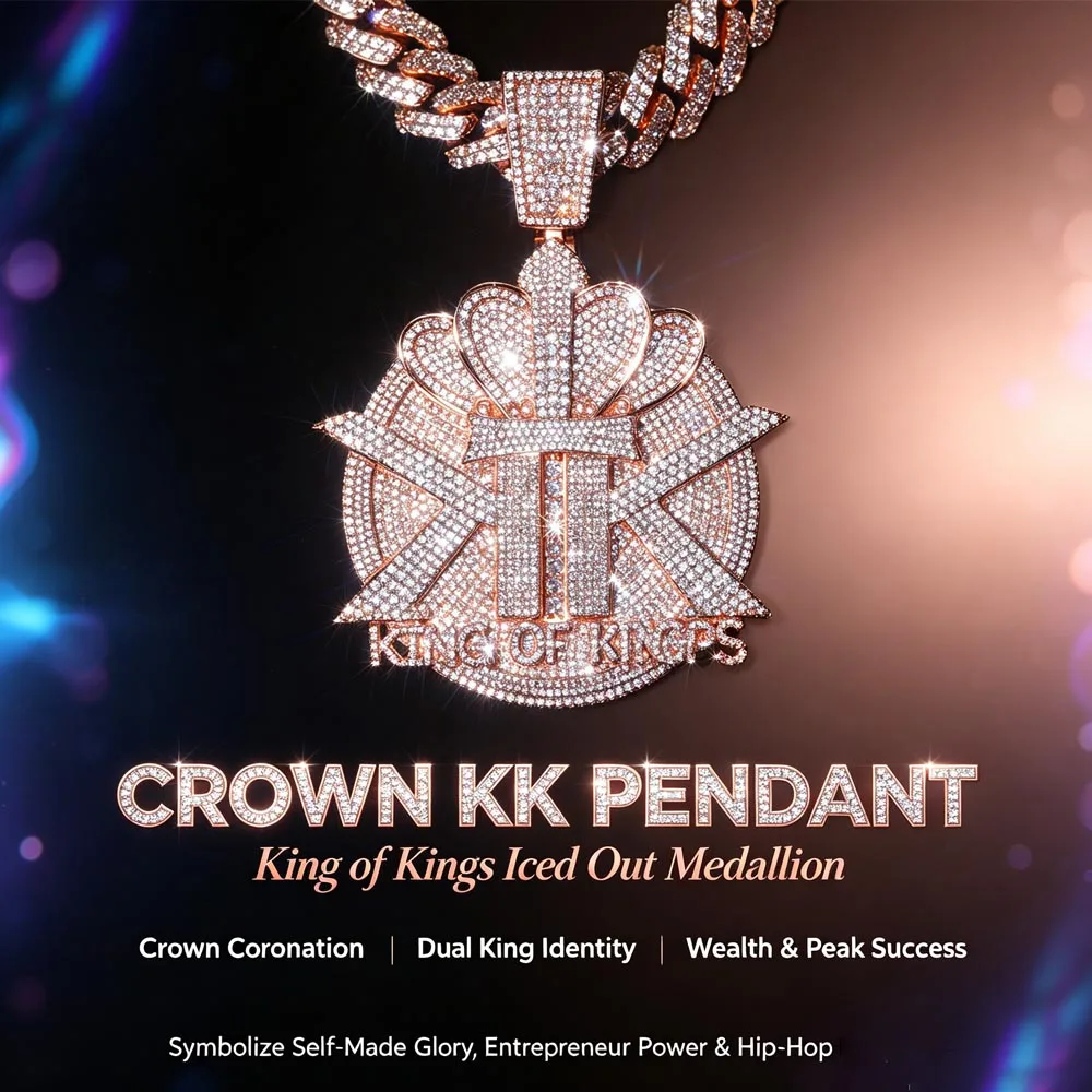 Iced Out King of Kings Crown KK Pendant Star Edges Ambition Round Medal Wealth Fortune 18K Rose Gold Plated Cubic Zirconia Hip Hop Necklace Accessories Bling Fine Jewelry Gifts for Men Girl Boy Friends Rappers Entrepreneurs Street Gift