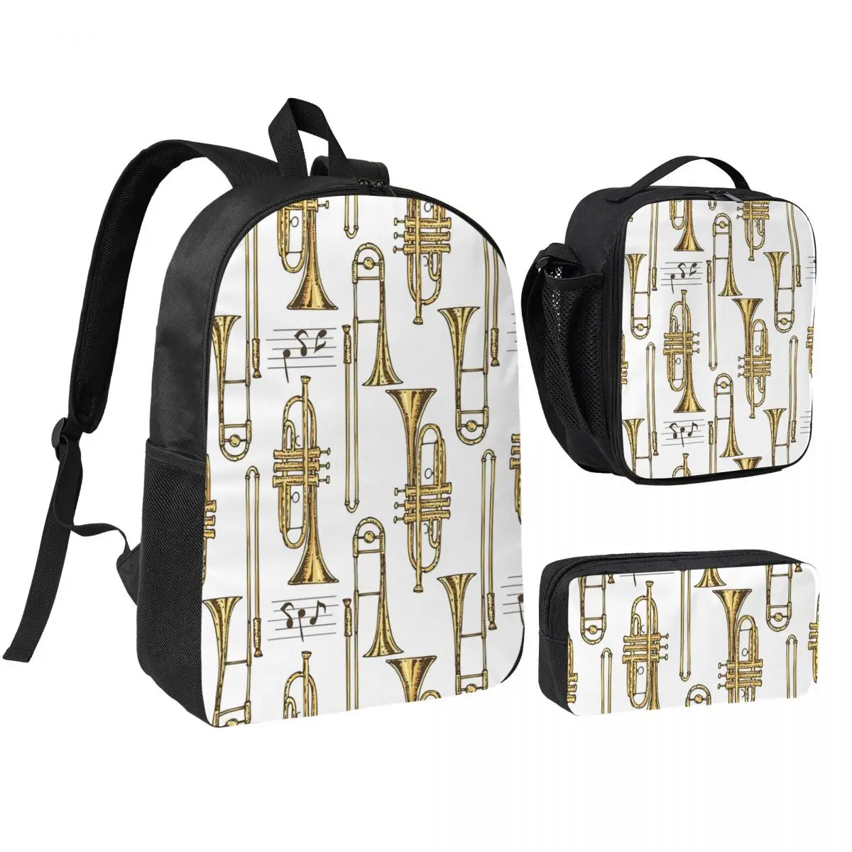 Trumpet Horn Instruments Backpack Boys Girls BookBag School Bag Shoulder Bags 3ps Insulated Lunch Bag Pencil Case