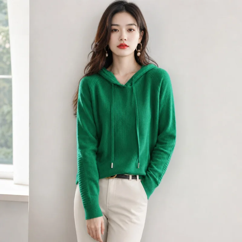 Women's Knitted Hooded Top Solid Drawstring Soft Warm Long Sleeve Pullover Casual Loose Lazy Wind Commuter Versatile Sweaters