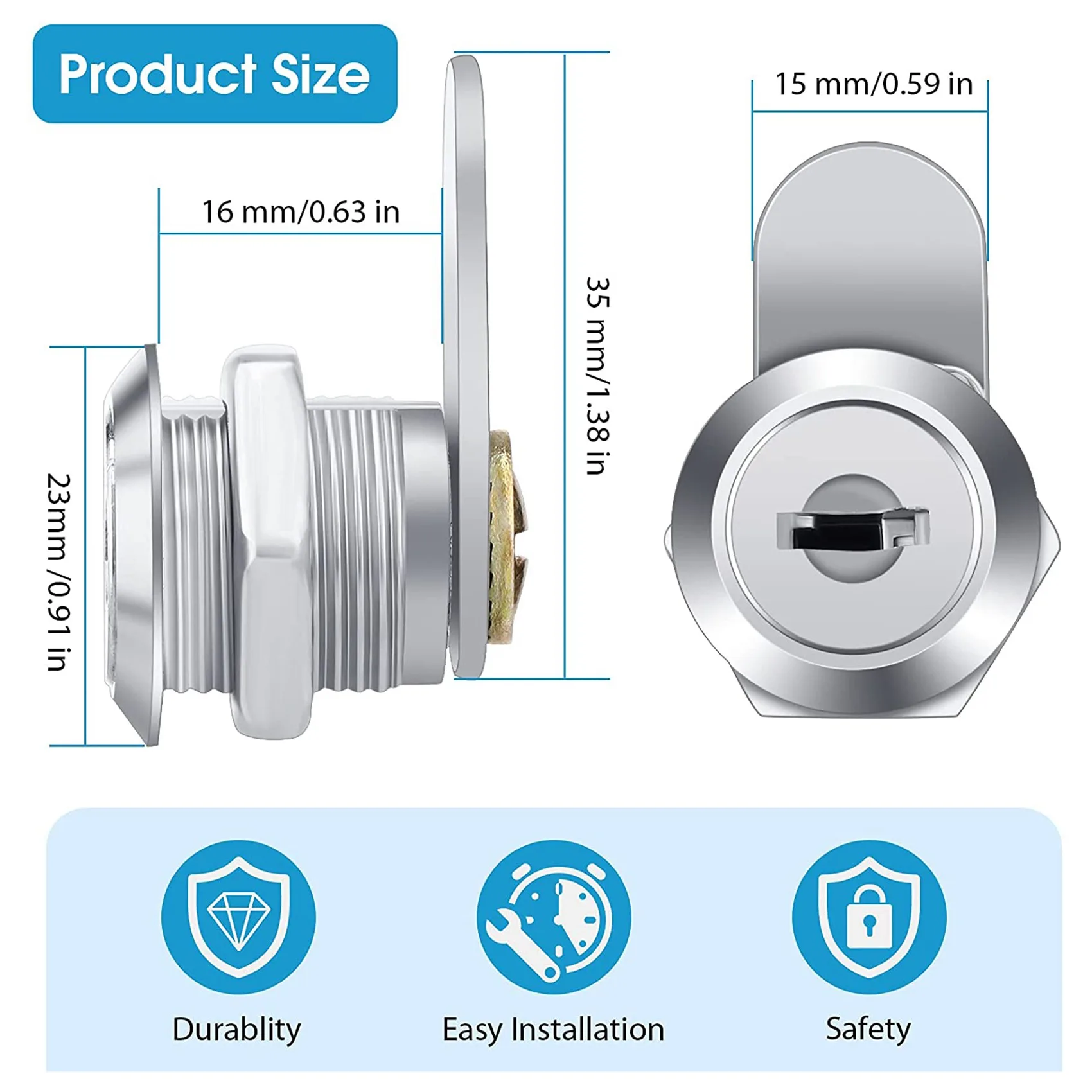 ABZV-16 Pieces Cabinet Cam Lock Keyed Alike Cylinder Cam Lock 5/8 Inch Zinc Alloy Drawer Lock Secure File Cylinder Lock Keyed