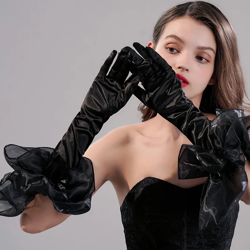 Guantes largos para vestido de novia, guantes negros para fotografía, banquete, noche