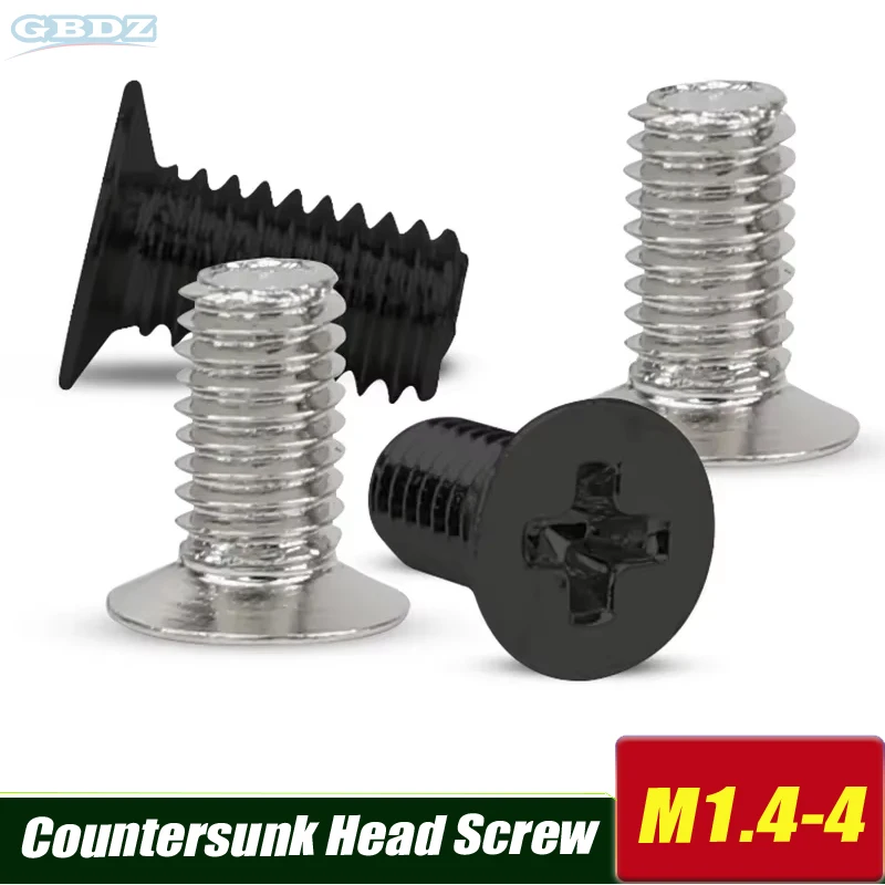 

M1.4 M1.6 M2 M2.5 M4 Carbon Steel Black Plating Phillips Countersunk Head Screw KM Cross Flat Head Machine Tooth Small Bolt 1Pc