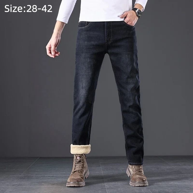 Men Fleece Jeans Winter Warm Thermal Pants Plus Size 40 42 Sretched Straight Thicken Loose Elastic Black Male Denim Trousers
