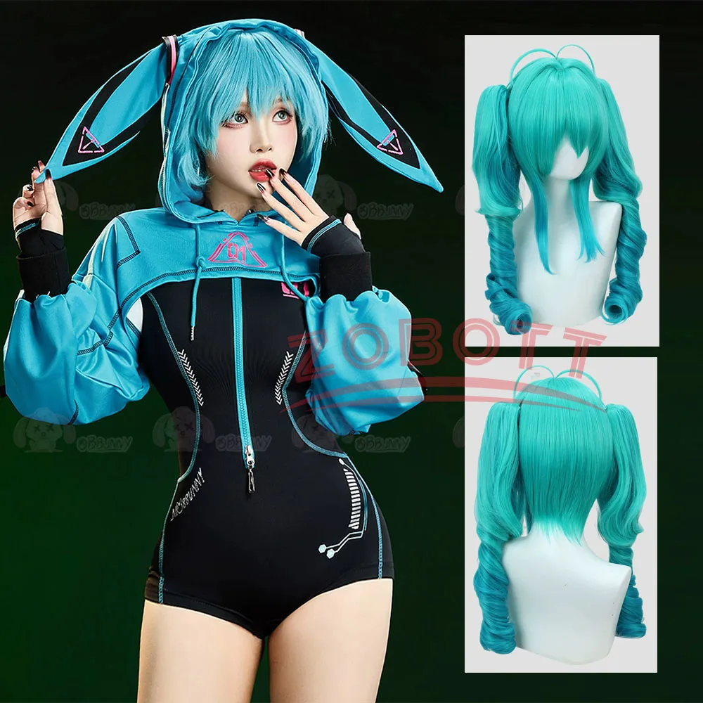

Mikku Cosplay Costume Bunny Girl Cyber Style Tight Sportswear Bodysuit With Hooded Short Jacket Blue Swimwear Jirai Kei Christma