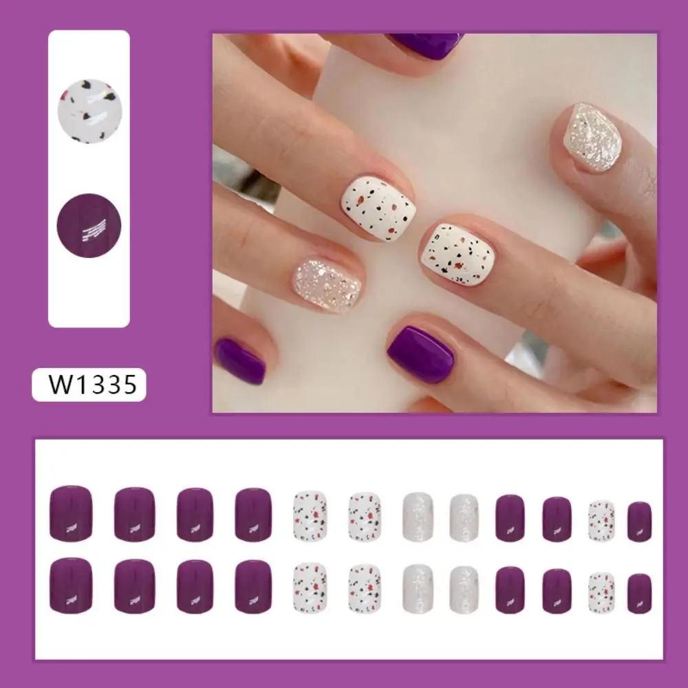 Fashion Short Round False Nails Purple Slices French Fake Nails Full Cover Holiday Party Nail Tips for DIY