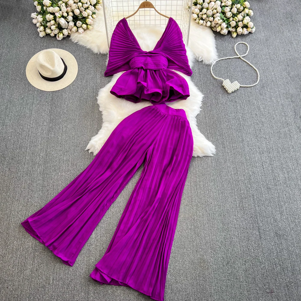 Pant Set Women Two Piece Sets V Neck Ruffles Bat Sleeve Short Tops Wide Leg Long Pants Elastic Waist Y2k Streetwear Elegant