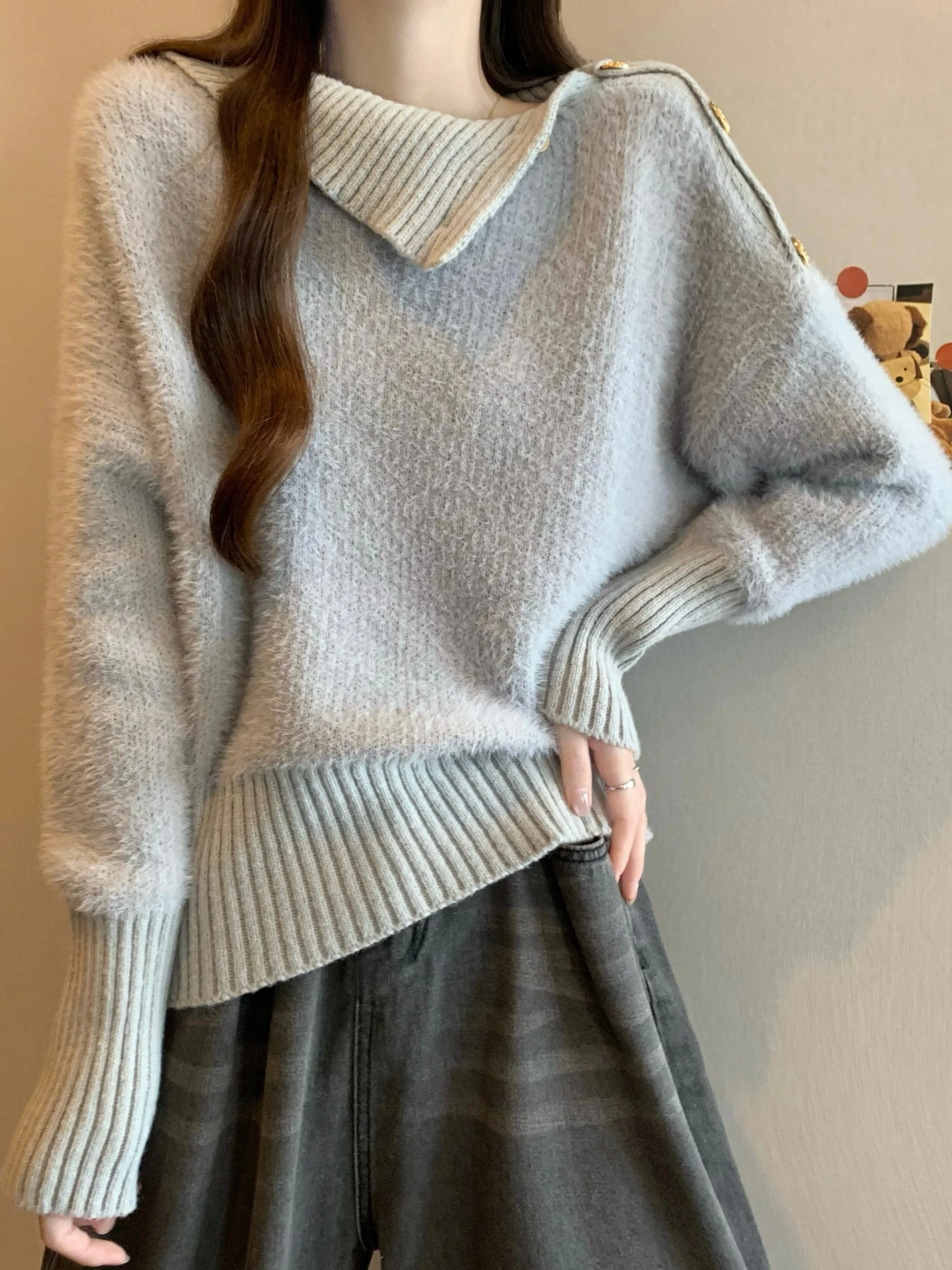 

Ele Thiened Knitted Sweater with Fur Collar Loose Fit Lazy Sle Women's Winter Top Vintage Sle Ci Walk Polyester F...