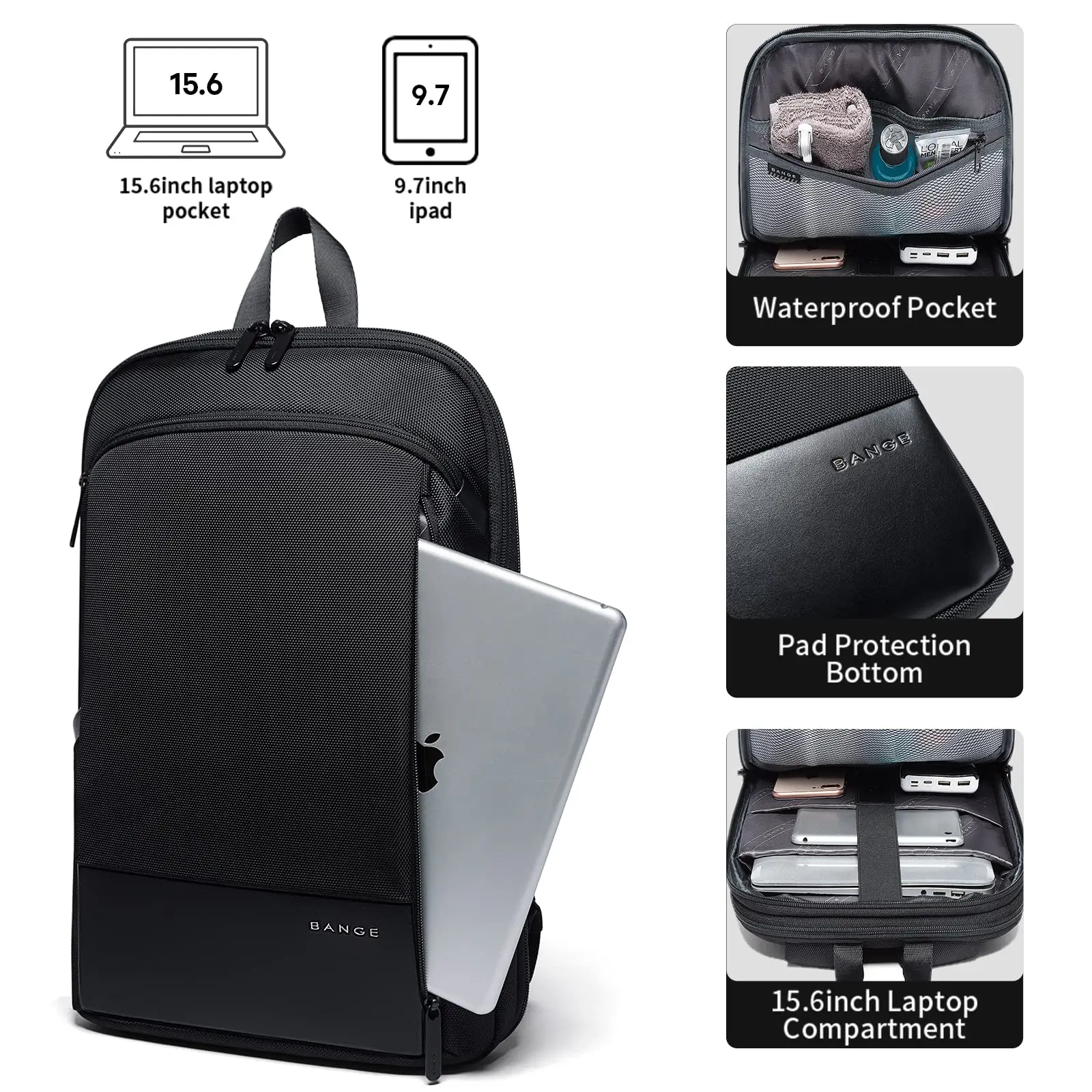 حقائب ظهر للكمبيوتر المحمول BANGE مقاس 15.6 بوصة، حقيبة ظهر خفيفة الوزن وقابلة للتوسيع لرجال الأعمال للطلاب المراهقين