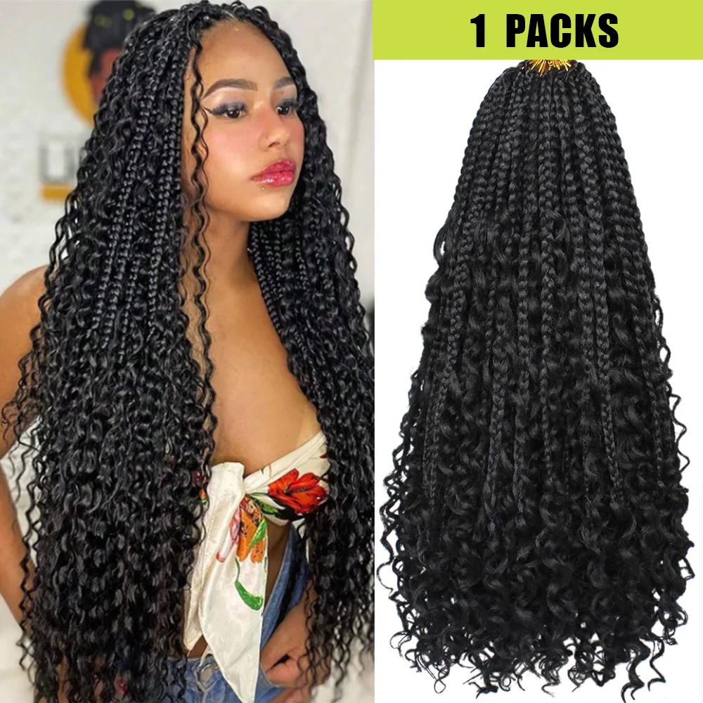 1/7 Packs Goddess Box Braids 10-24Inch Pre-looped Boho Box Braids With Curly Ends 3X Crochet Braids Hair Synthetic Braiding Hair