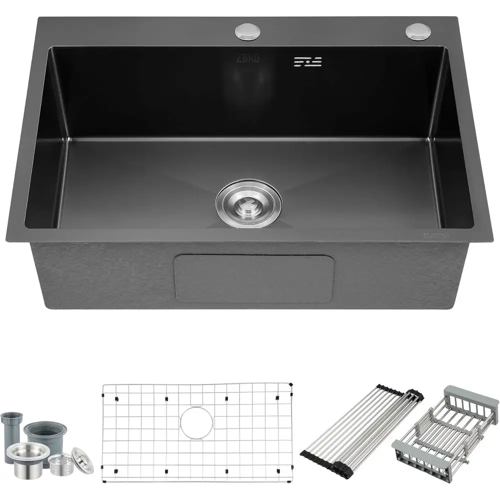 

16 Gauge Stainless Steel 28 Single Bowl Topmount Sink with Grid, Drainer, and Strainer in Gunmetal Black