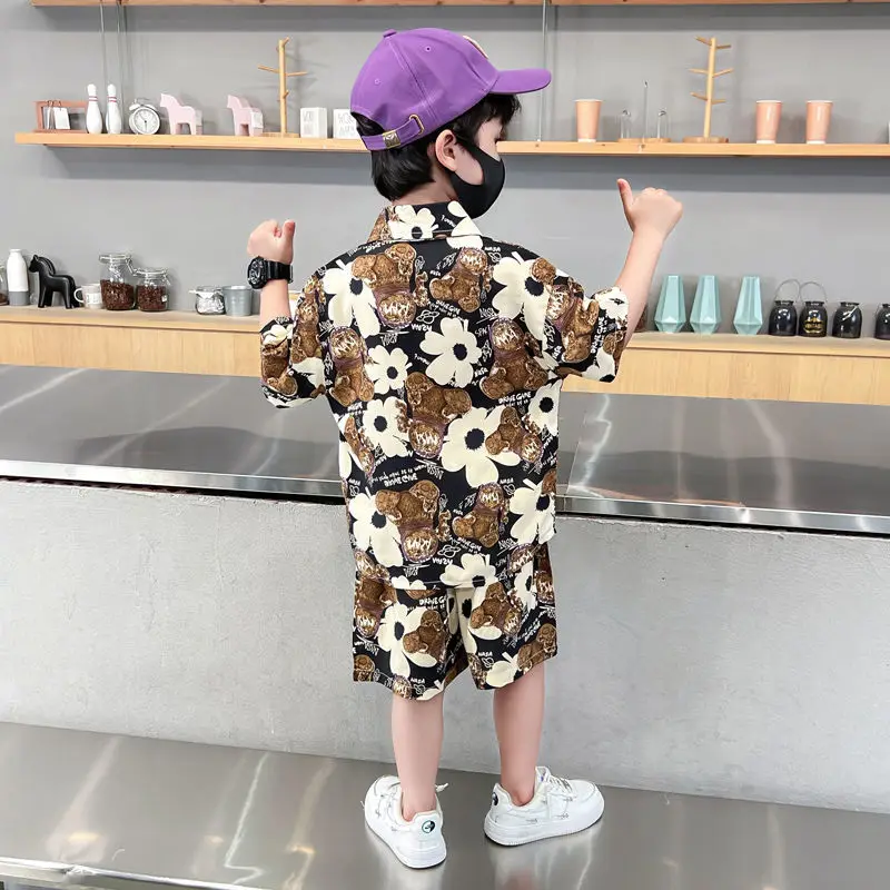 Boys' Summer 2024 New Short Sleeve Button Shirt Shorts Two-piece Set Street Colorful Flower Children's Handsome Fashion Suits