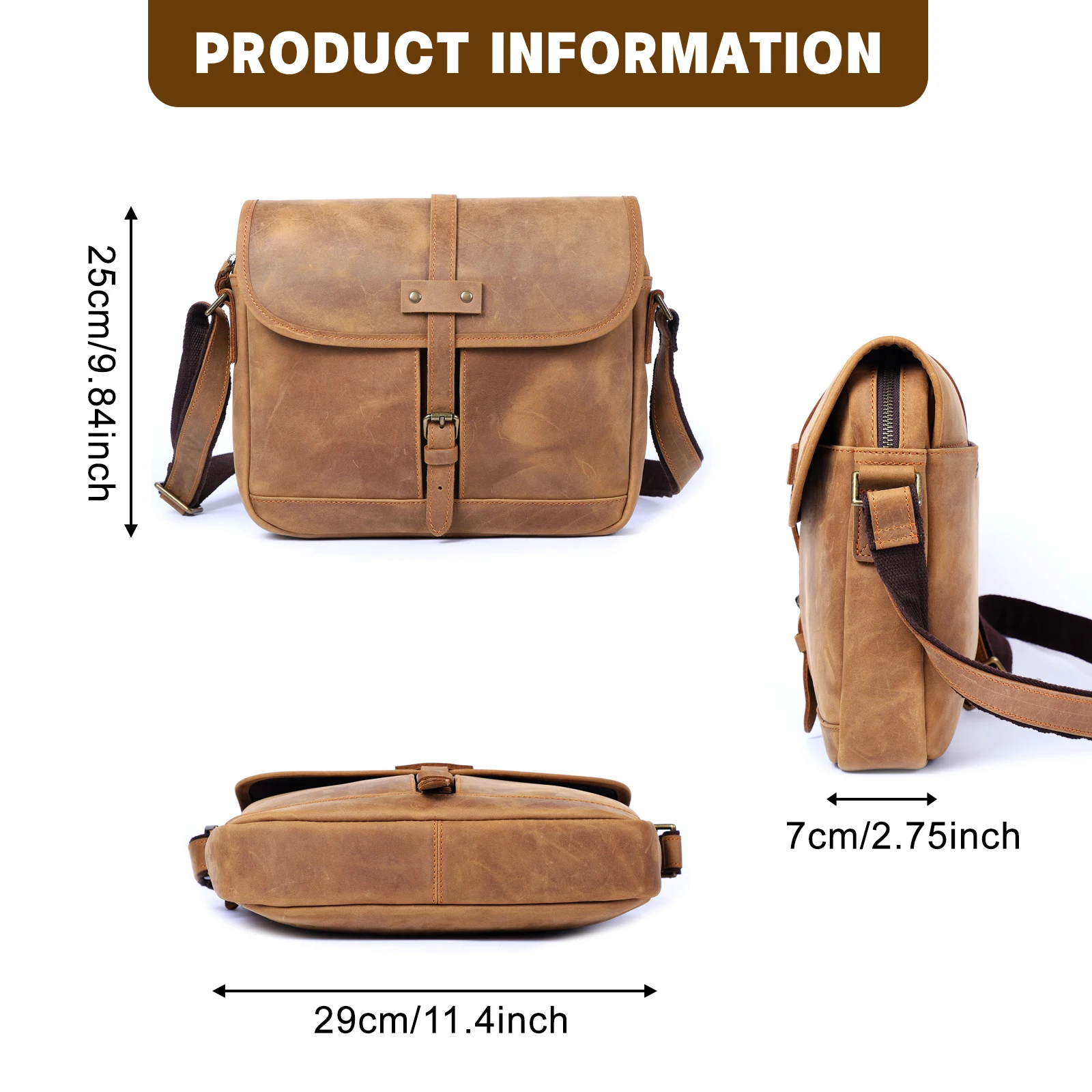 Echte Leder-Umhängetasche 11" Vintage Herren-Umhängetaschen Crazy Horse Leder Schultertasche Rindsleder Retro Mode Casual Pre – Detail 6