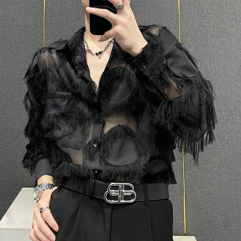 WVGA خريف جديد الرجال المد شارع العليا شبكة المرقعة قمصان طويلة الأكمام المتخصصة شيك عادية بدوره إلى أسفل طوق القمم Ins Y2K W13216 #4