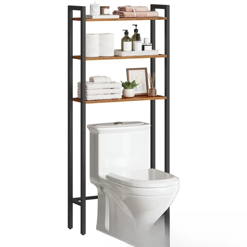 

Wrought iron metal toilet rack 3-layer bathroom storage rack Wooden bathroom rack Space-saving independent storage