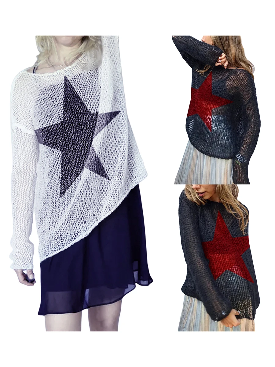 Jersey de manga larga con estampado de estrellas para mujer, Jersey informal de punto con cuello redondo, jersey de gran tamaño a la moda, ropa de