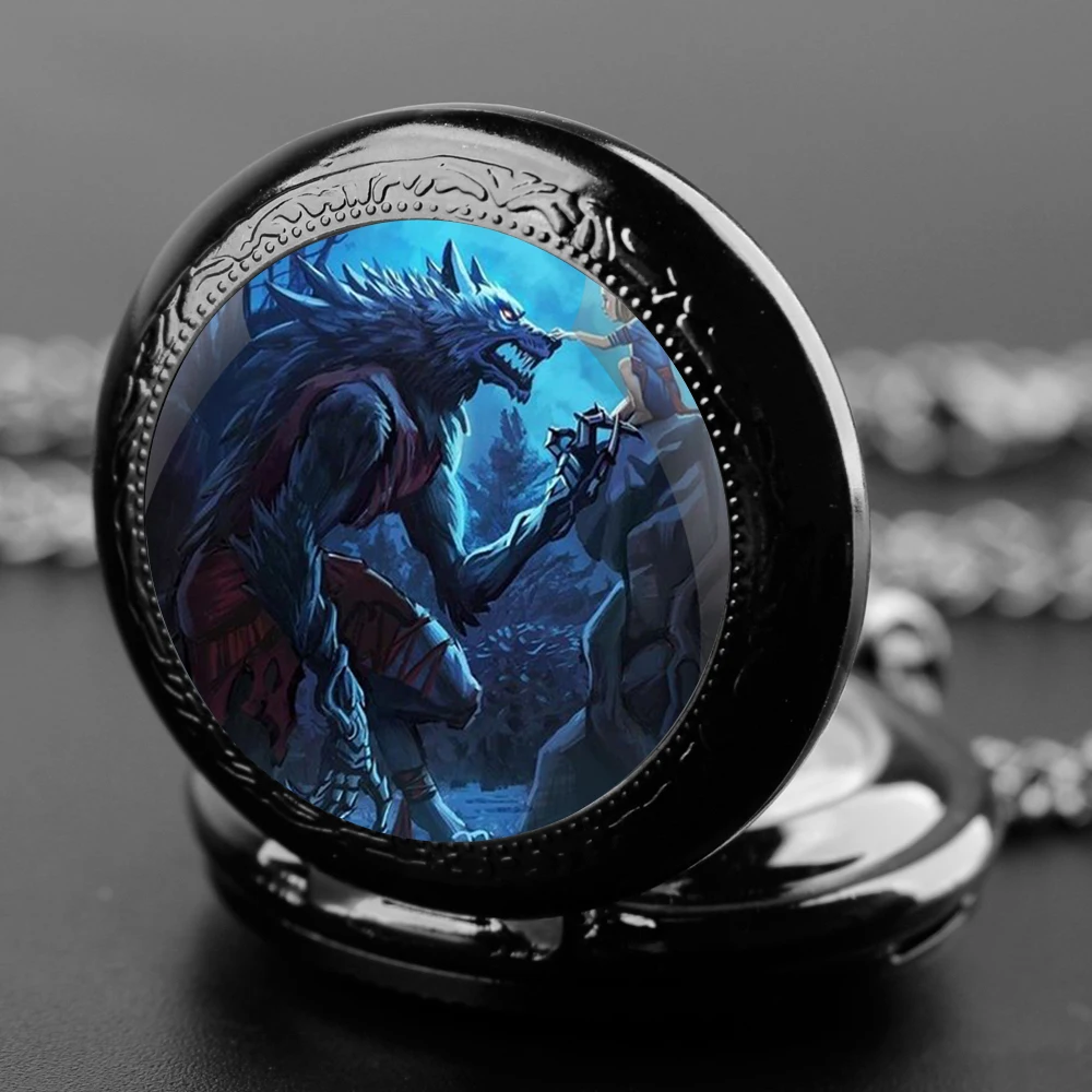 Cartoon Monster  Design Glass Dome Quartz Pocket Watch with Durable Chain Arabic Numeral Dial for Men and Women Creative Gifts