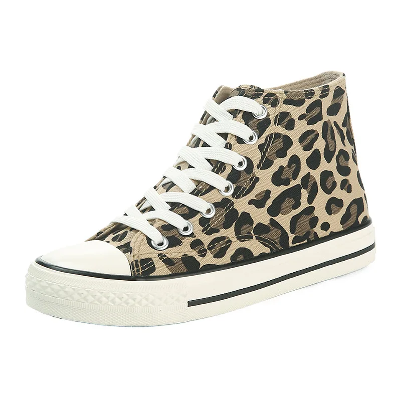 Sapatos femininos de lona com estampa leopardo, sapatos vulcanizados, novo estilo, tendência da moda