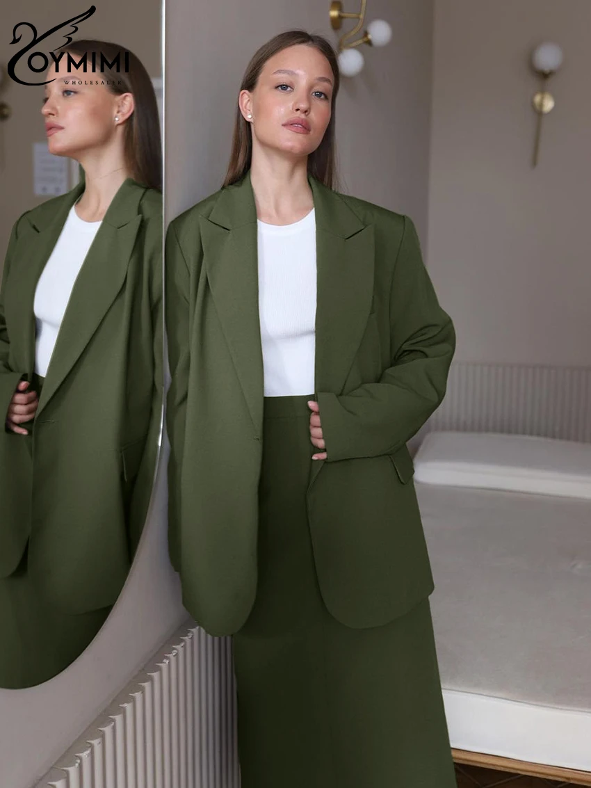 Imagem -04 - Oymimi-conjunto de Peças de Escritório Verde Solto Feminino Blazer de Manga Comprida com Saias Longas de Cintura Alta Moda Feminina Inverno