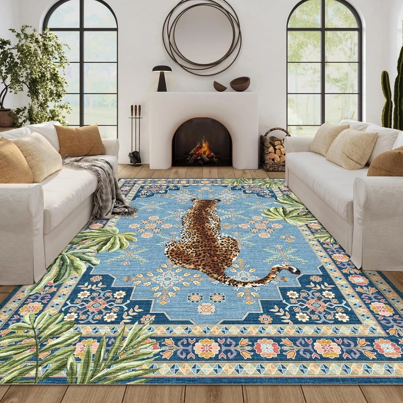 Leopard Print Decorative Living Room Carpet Foldable Machine Washable Bedroom Rug Fashionable Soft Coffee Table Floor Mat Tapis