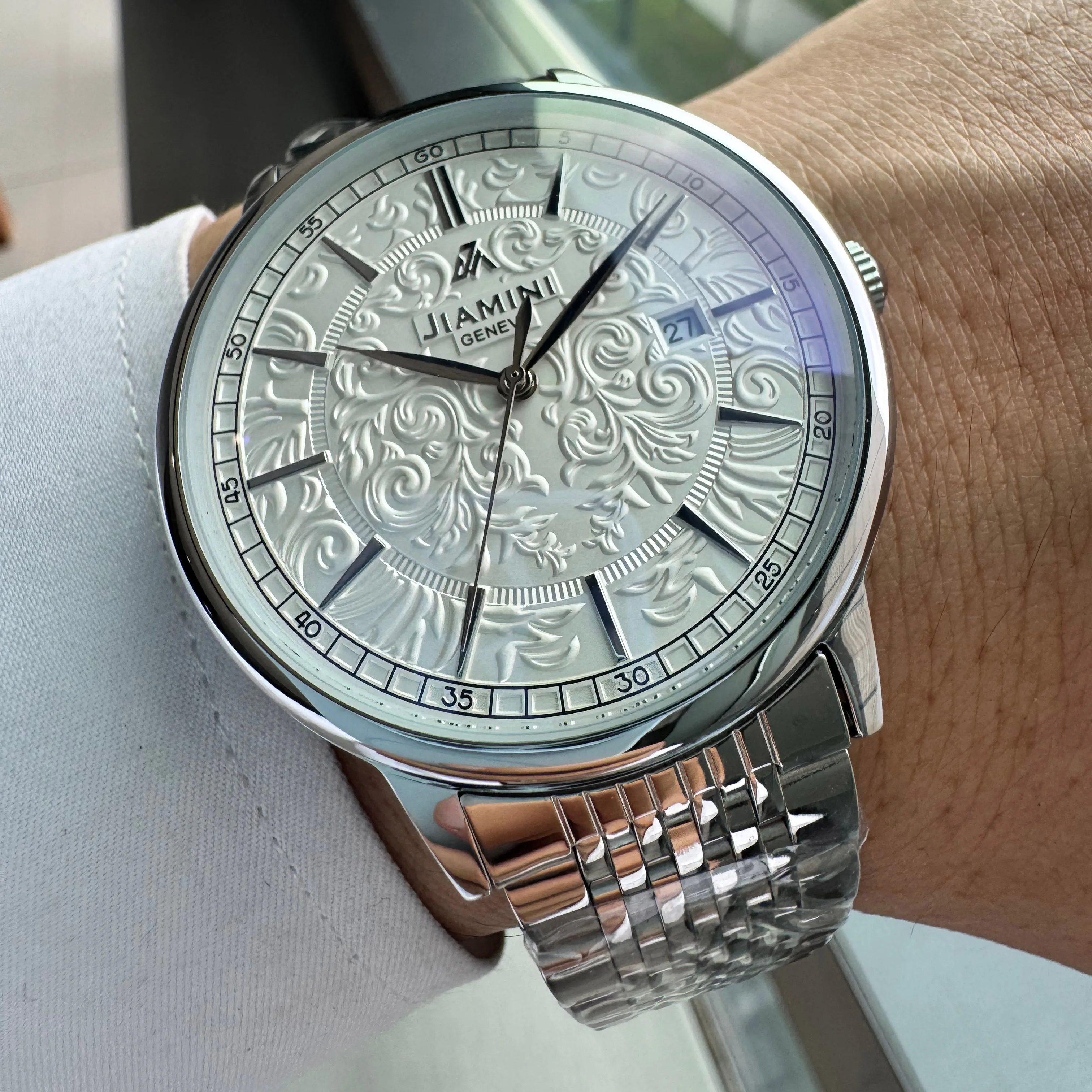

AOKULASIC Business Minimalist Watch for Men Calendar Engraved White Dial Fashion Luxury Brand Automatic Mechanical Mens Watches