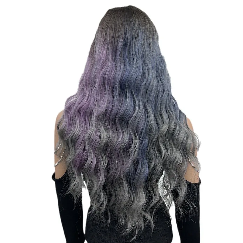 التدرج اللون مع الانفجارات الشعر الطويل موجة طويلة حليقة المرأة الألياف مقاومة للحرارة شعر مستعار القبعات