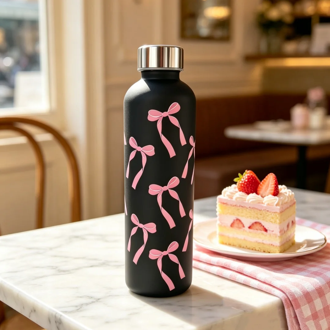 New 1000ML Matte Water Bottle with Bow & Flower Prints, Daily Portable Leak-Proof Stylish Plastic Cup for Home, Outdoor & Travel