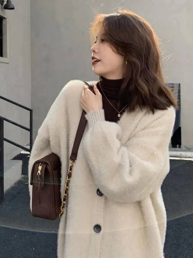 Thick Imitate Mink Knitted Cardigan V-neck Loose Korean Knitwears Gilet Casual Warm Sweater Mujer Fashion Fall Winter Tops