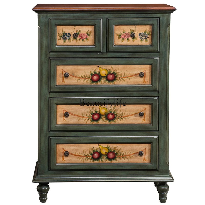 

European and American Style Five-Drawer Chest Retro Bedroom Storage Cabinet Mediterranean Painted Furniture