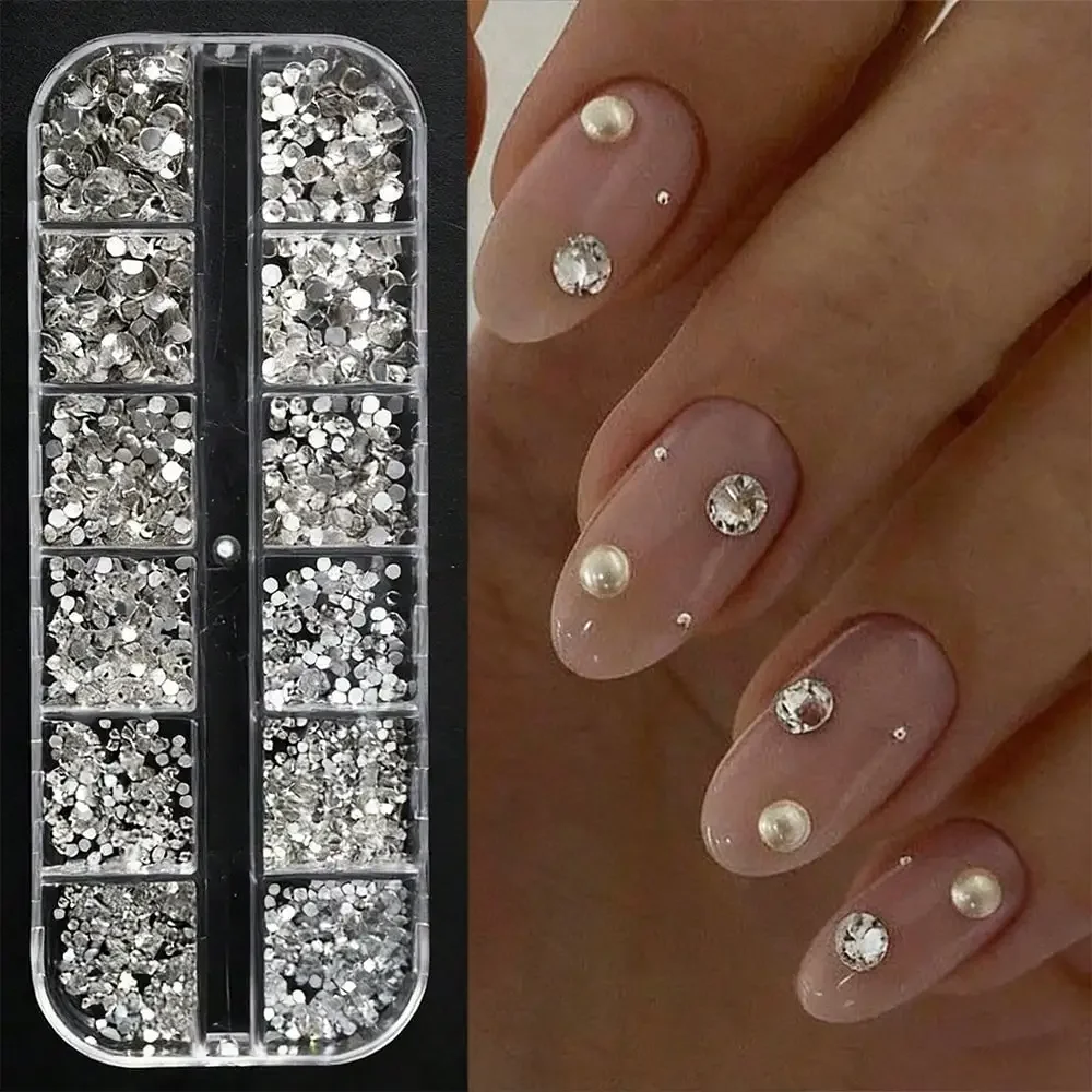 12 Grids Nail Rhinestones Mixed Size Clear Crystal AB Charms Flatback DIY Nail Art Decor