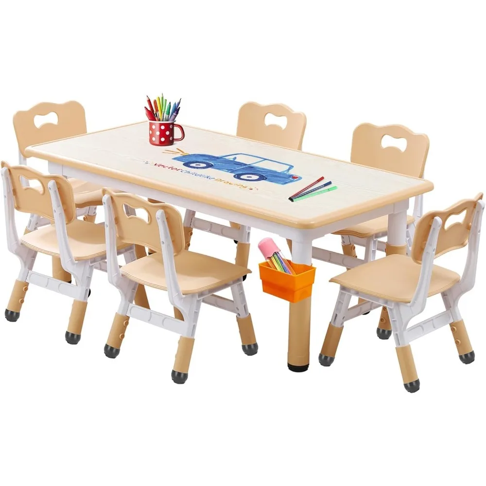 Kids Table and Chair Set, Height Adjustable Toddler Table and 6 Chairs Set for Ages 2-12, Graffiti Desktop, Non-Slip Legs, Arts