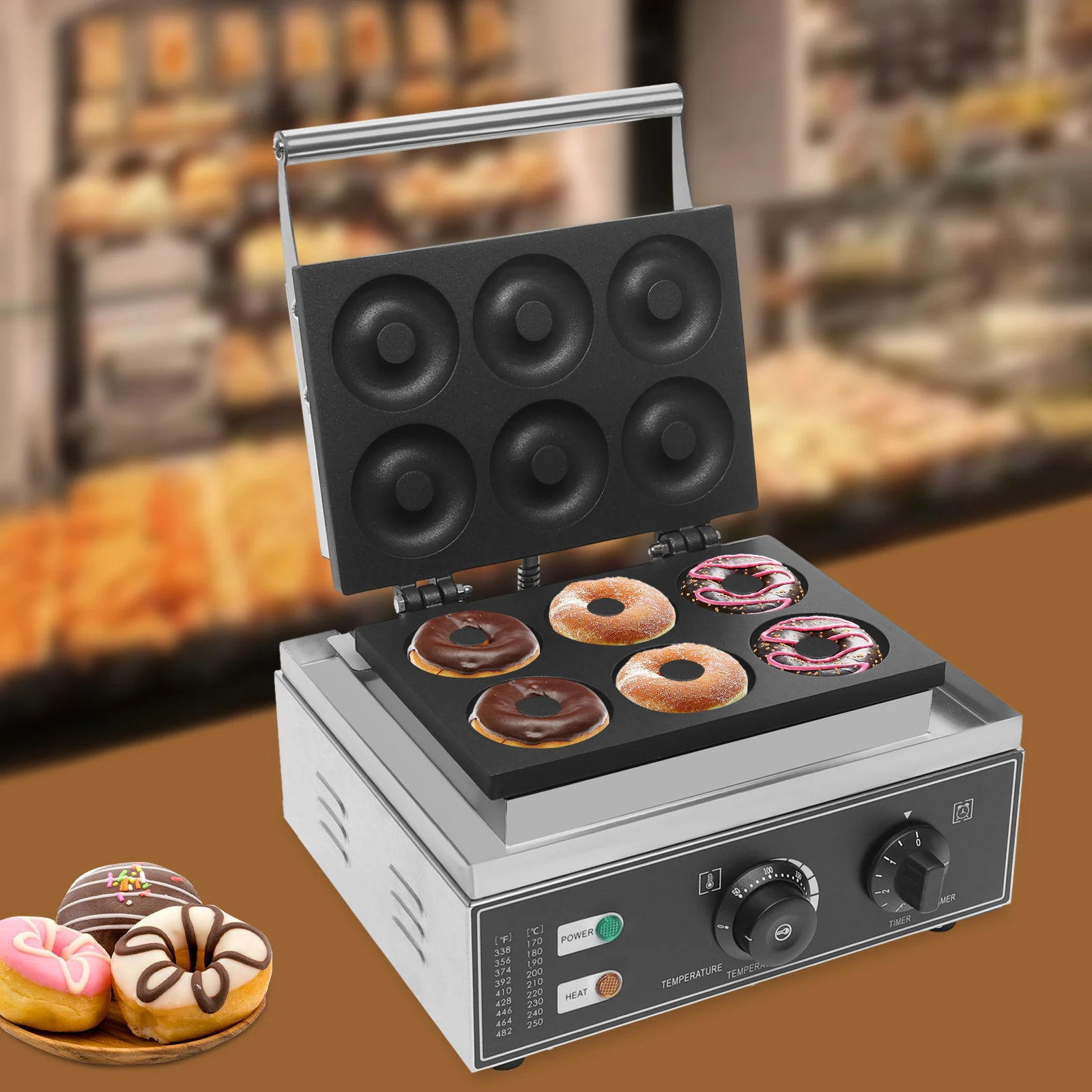 Elektrische Donut-Maker-Maschine mit 6 Löchern, 1550 W, süßer Donut-Maker, antihaftbeschichtete Donut-Herstellungsmaschine, Edelstahl, kommerziell