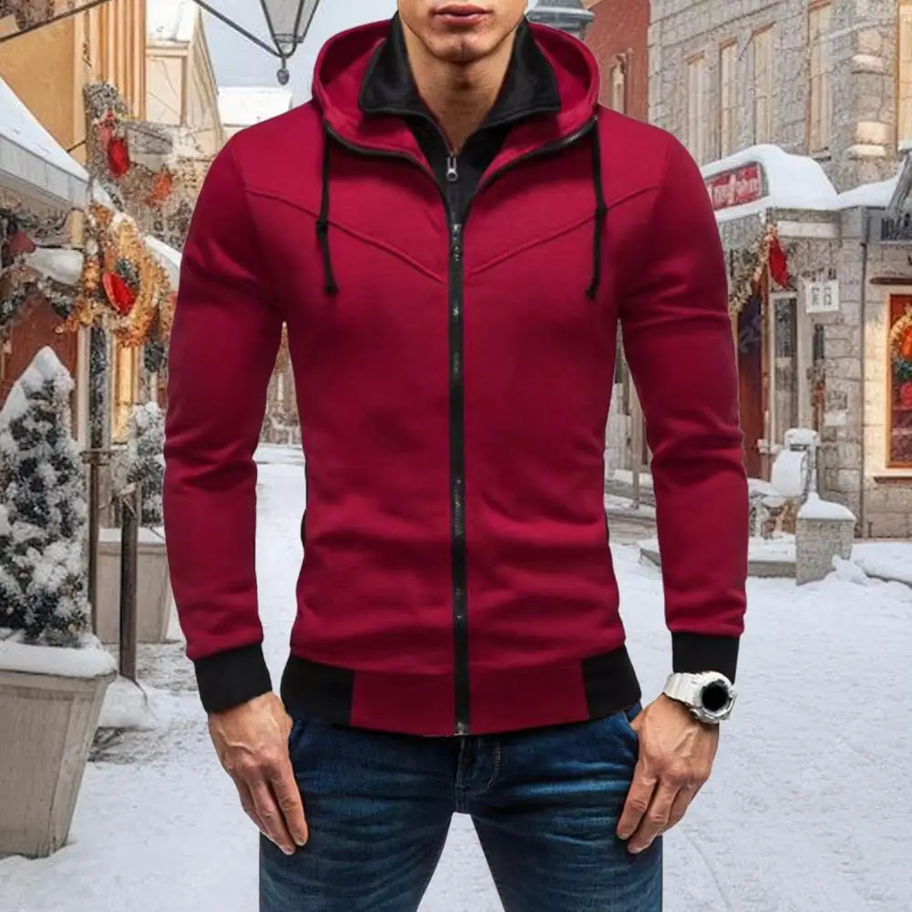 

Men Hoodie Men's Zipper Closure Hoodie Cardigan With Drawstring Hood Contrast Color Design For Fall Spring Seasons Plus Velvet