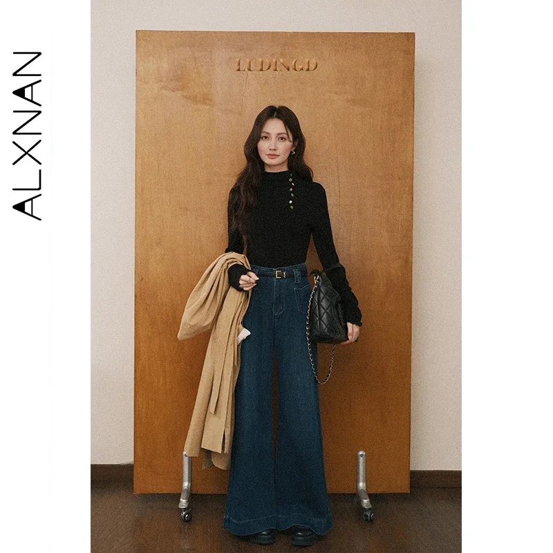 

ALXNAN Fleece Jeans Women Blue Straight Wide-leg Flared Pants 2025 High Waist Vintage Elegant Casual Baggy Trousers L576103-1