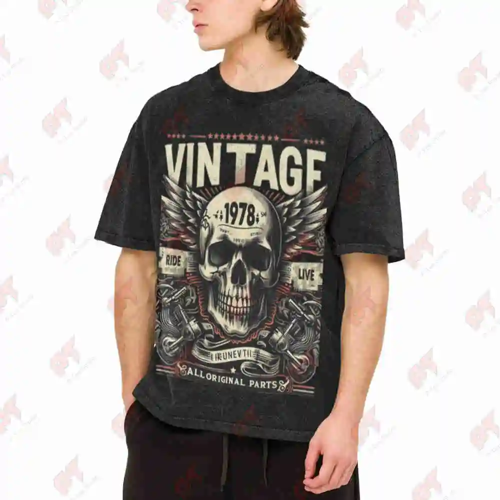 Born In 1978 Skull Wings Biker Vintage Washed Tee Pure Cotton T-Shirt