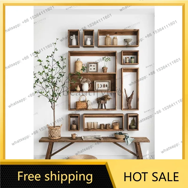 YJ Home Solid wood wall-mounted bookshelf Free combination Lattice cabinet Hanging cabinet Shelf layer Wall display