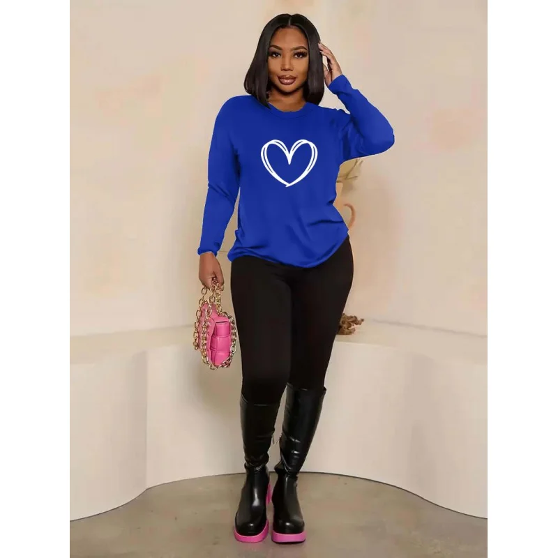 Women's blue crew neck sweatshirt with fun graphic design, loose-fitting long-sleeved graphic suit