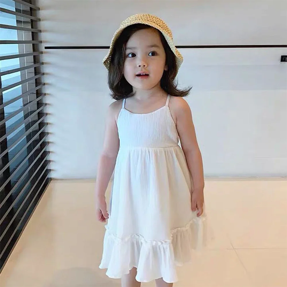 Bear Leader 2023 New Girls Clothing Summer Seaside Holiday Style Children\'s Dress Baby Foreign Style Open Back White Sling Skirt