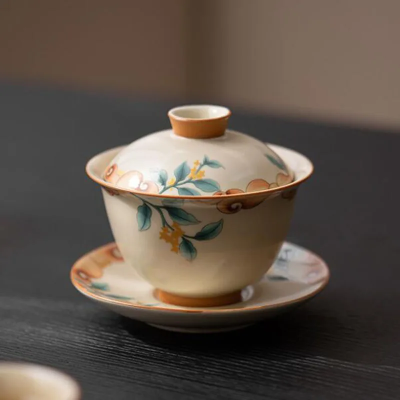 

Beige Ruyao Cinnamon Twig Pattern Sancai Gaiwan Kungfu Tea Infuser Bow Tea Cup Ceramic Crafts Kitchen Teaware