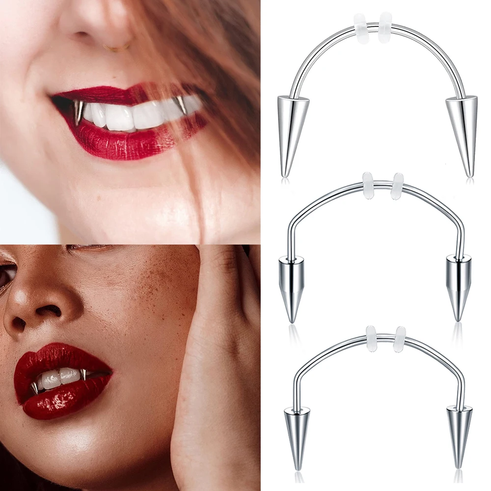 WKOUD 2 Pcs  Piercing Tiger Teeth Vampire Stainless Steel Smile Lip Nail Jewelry  Fangs Dracula Septum 3 Style