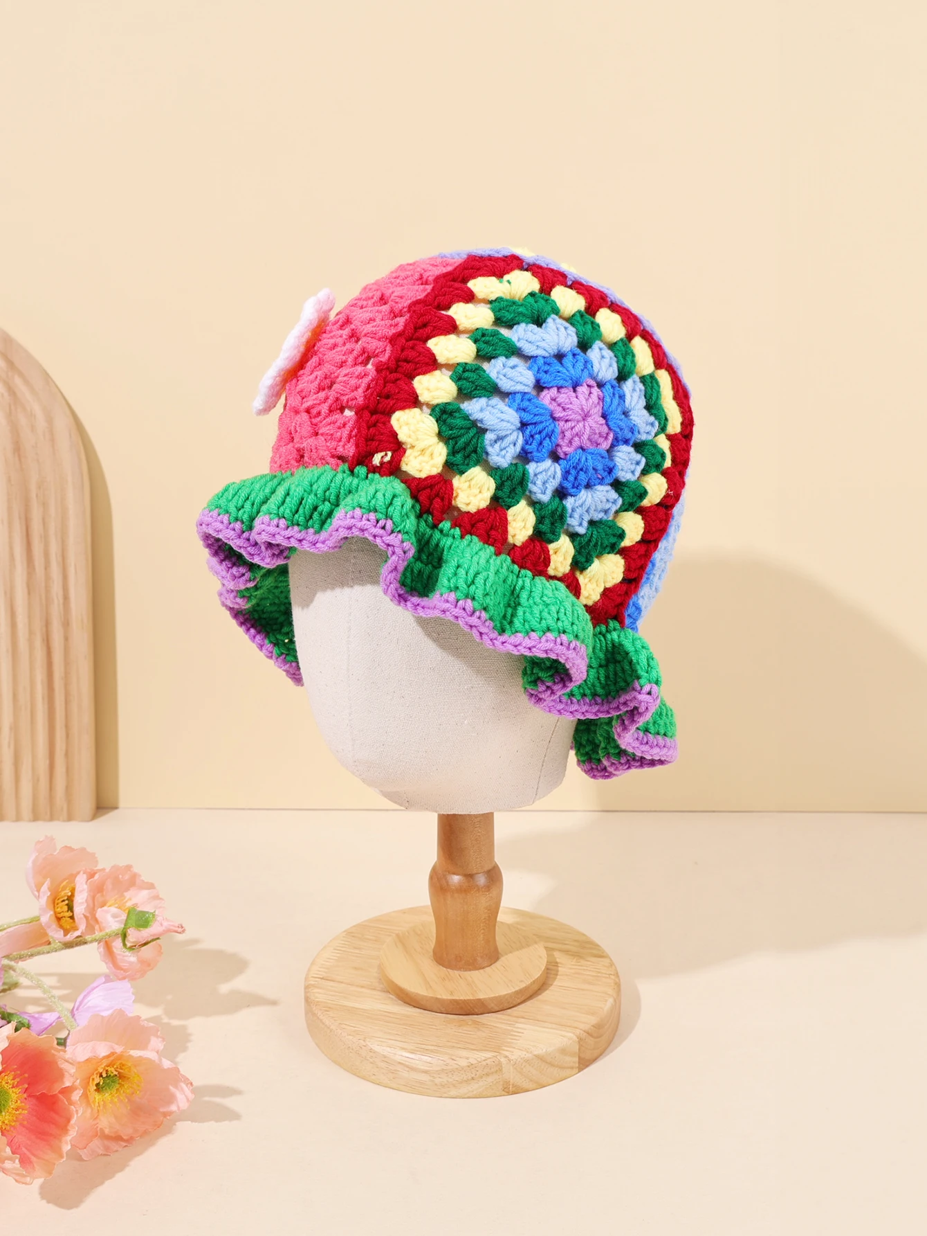 1PCFlower قبعة حوض الصوف مع العزل محبوك جوفاء، قبعة صياد/قبعة الحوض يمكن ارتداؤها مرتين #2