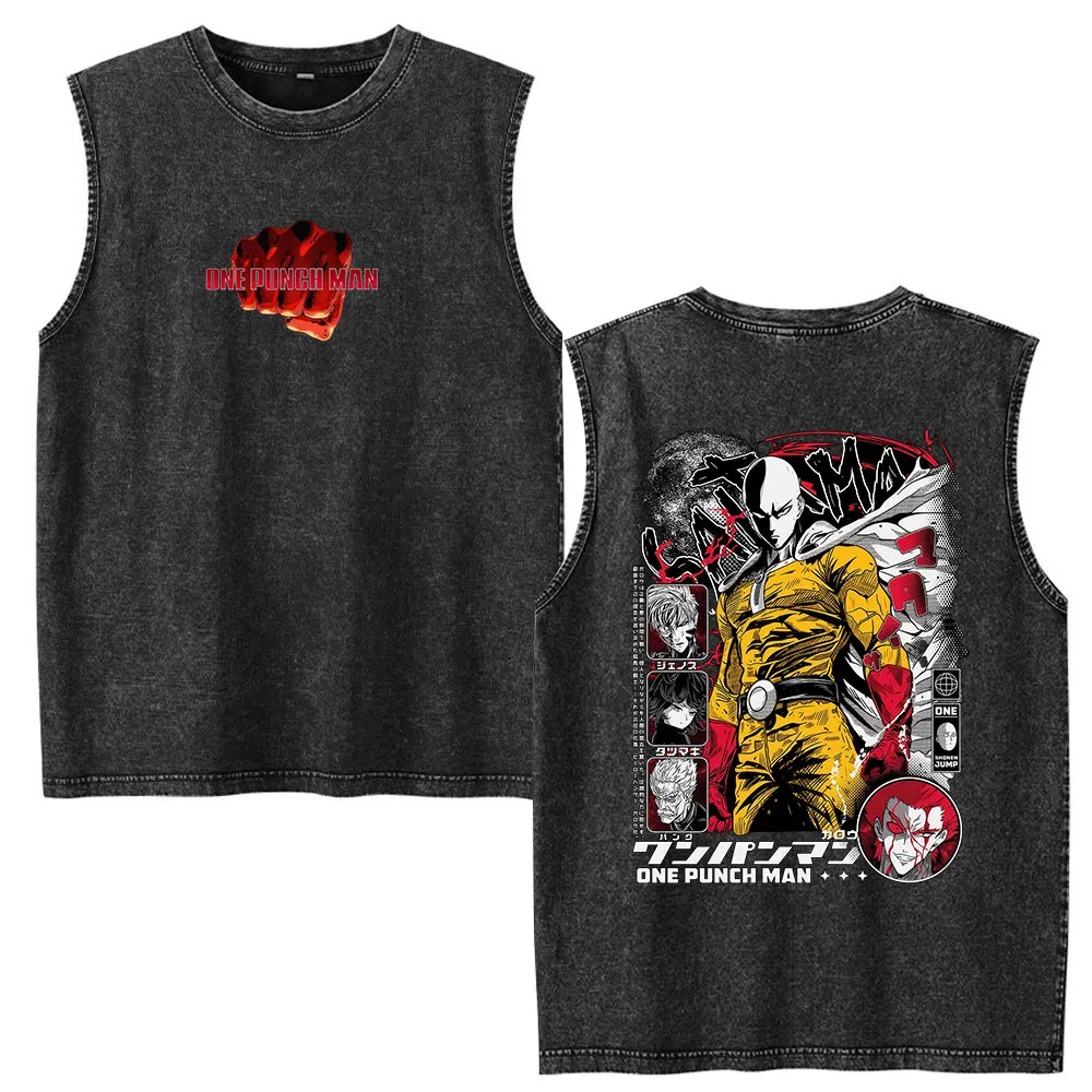 Anime One Punch Man Saitama Vintage Washed Tank Tops T-shirt Manga Harajuku Sleeveless Vest Men Women Fashion Oversized T Shirts