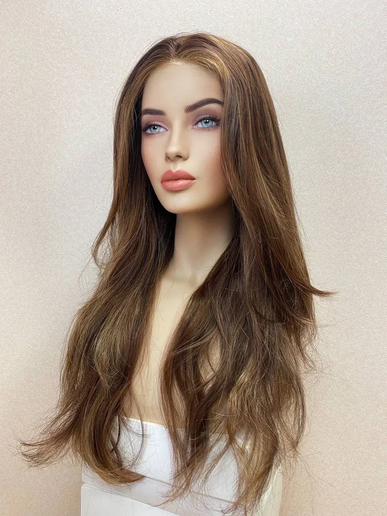 

Soft 28inch Long Highlight Brown Body Wave 5x5 Silk Base Jewish Human Hair Wig With Baby Hair HD Lace European Hair Preplucked