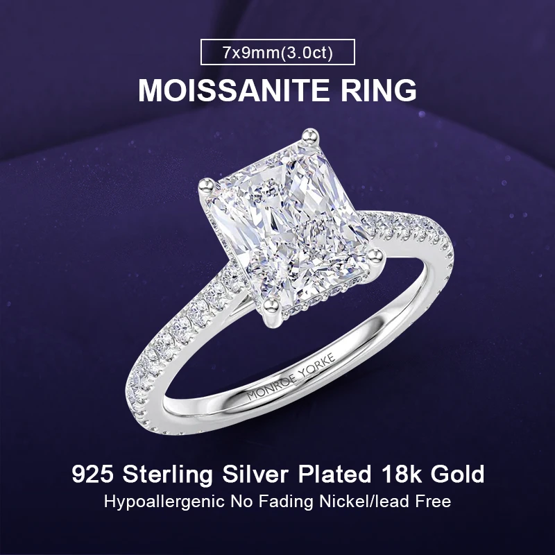 

IOGOU 18k White Gold Plated Moissanite Diamond Engagement Ring for Women 7x9mm Radiant Cut Moissanite 925 Silver Wedding Ring