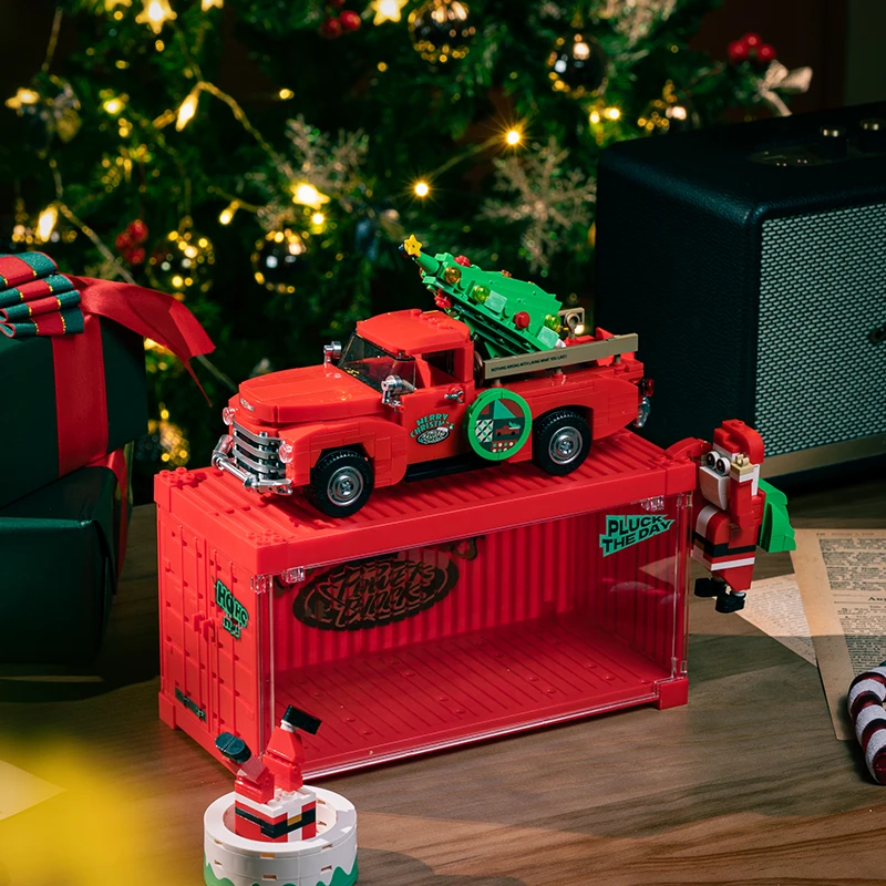 NEW Santa Claus Red Pickup Truck Model PB8849 Container Racing Car Building Block Brick Children MOC Toys Christmas Gifts Tree