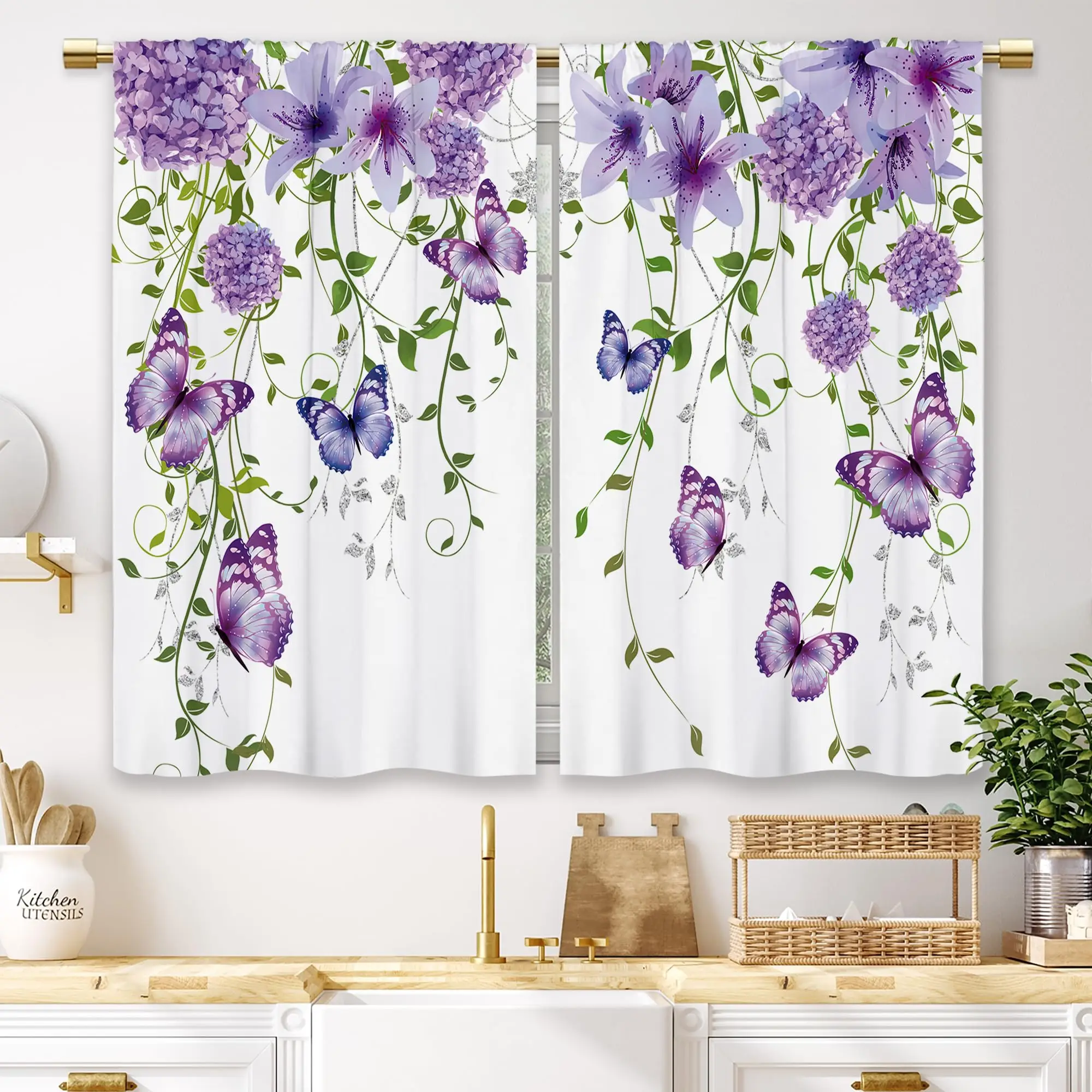 

Purple Floral Butterfly Kitchen Curtains Rustic Flower Small Short Cafe Window Curtains Farmhouse Botanical Window Drape