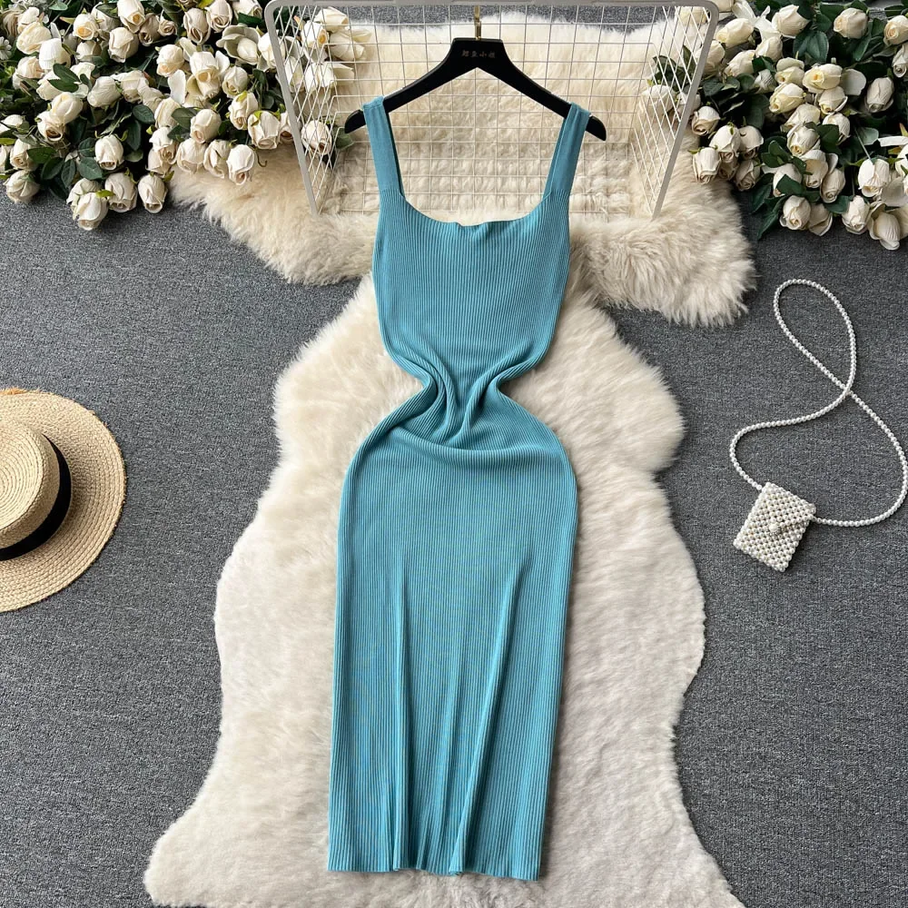 Letnia dzianinowa seksowna sukienka w paski bluzka damska Elatic talia Bodycon Sundress kobieca sukienka Maxi z odkrytymi plecami plażowa długa sukienka