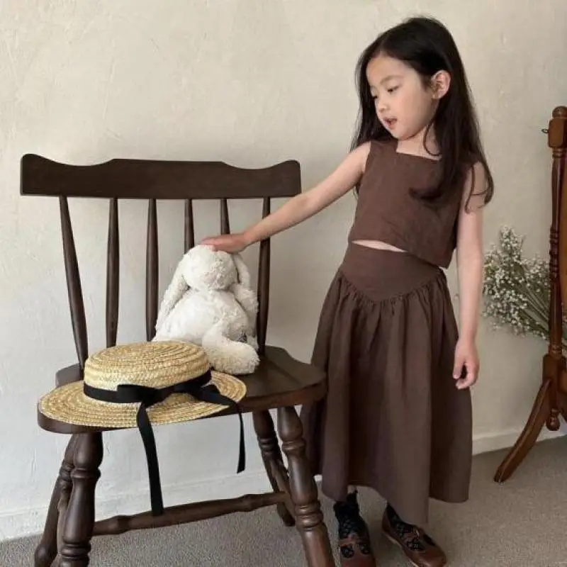 

2026 Summer New Children Sleeveless Clothes Set Girls Solid Linen Cotton Vest + Long Skirts 2pcs Suit Fashion Kids Outfits