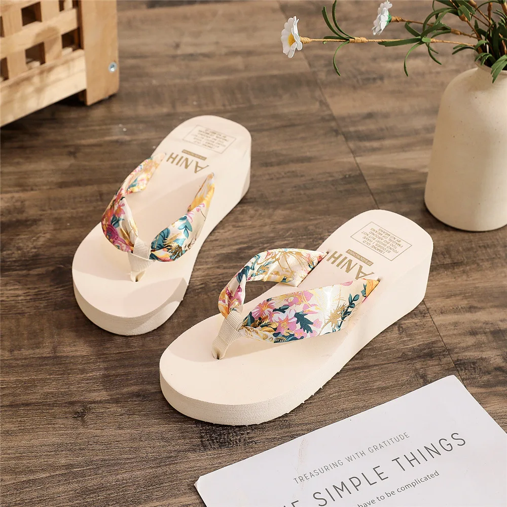 Wedged Platform Sandals Women Flip Flops Open Toe High Heels Printed Slippers Summer Bohemia Outdoor Wedges Slides Home Shoes