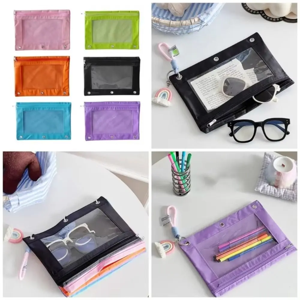6 Compartment Rainbow Storage Bag 3 Holes Transparent Portable Makeup Handbag Loose-Leaf Binder Waterproof Travel Zipper Pouch