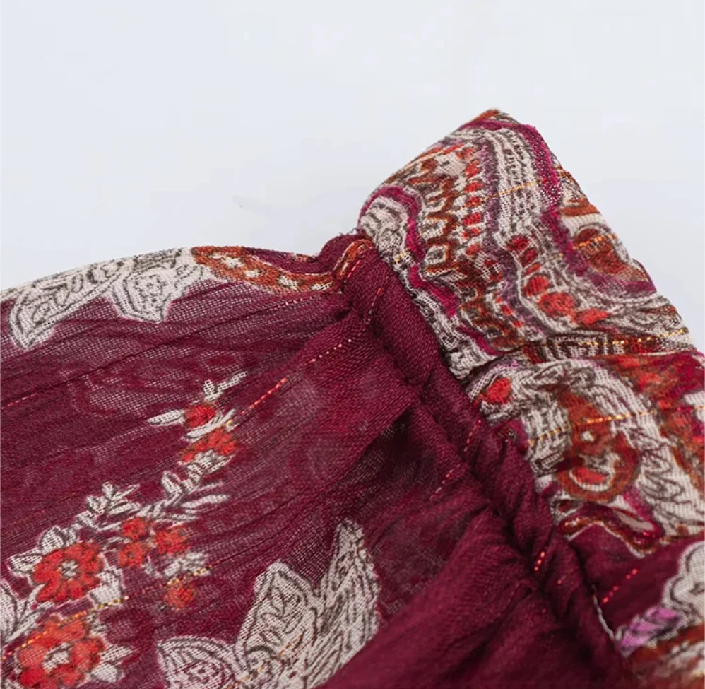 Vestido largo Vintage de gasa con estampado de flores rojas, vestido holgado de manga larga con cuello redondo y volantes, vestido bohemio a la moda para primavera y otoño